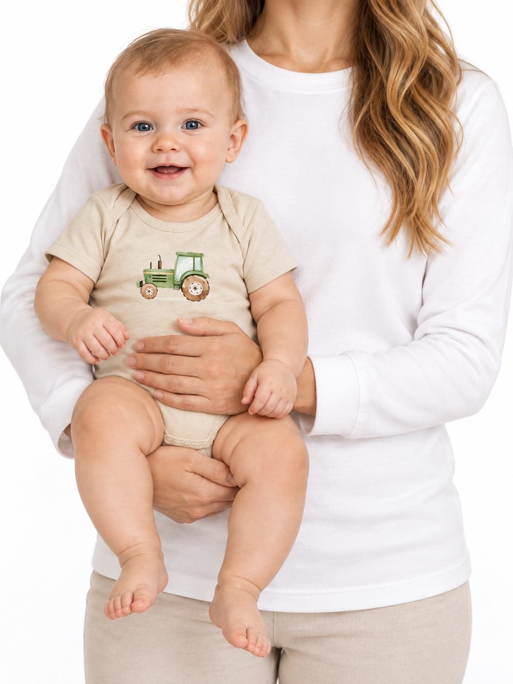 Dětské body TRACTOR s krátkým rukávem, natural béžová, na postavě zepředu
